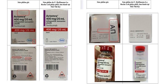 Hình ảnh mẫu thuốc giả và thuốc thật Artemra 400mg/20ml do Công ty 
F. Hoffmann-La Roche Ltd phân phối lưu hành tại Thổ Nhĩ Kỳ