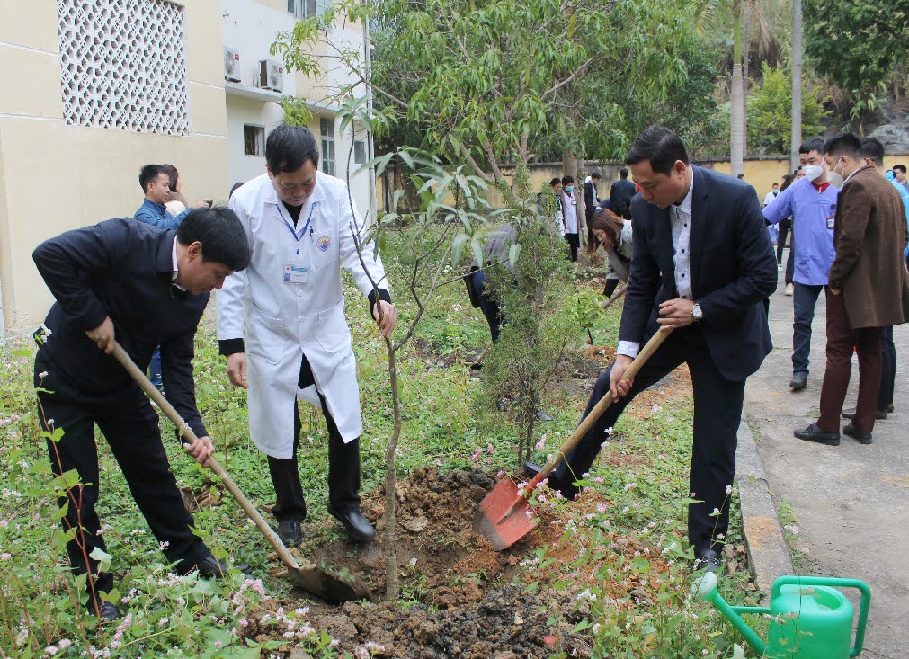 Các đồng chí lãnh đạo Sở Y tế tham gia trồng cây trong khuôn viên Bệnh viện phổi tỉnh.